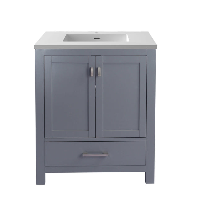 Gray bathroom vanity with white countertop.