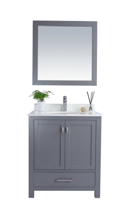 Gray bathroom vanity with white countertop and square mirror.

