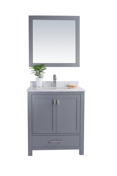 Gray vanity with marble top and matching mirror.
