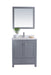 Gray vanity with marble top and matching mirror.
