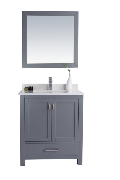 Bathroom vanity with gray cabinet, white countertop, and matching mirror.