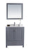 Bathroom vanity with gray cabinet, white countertop, and matching mirror.