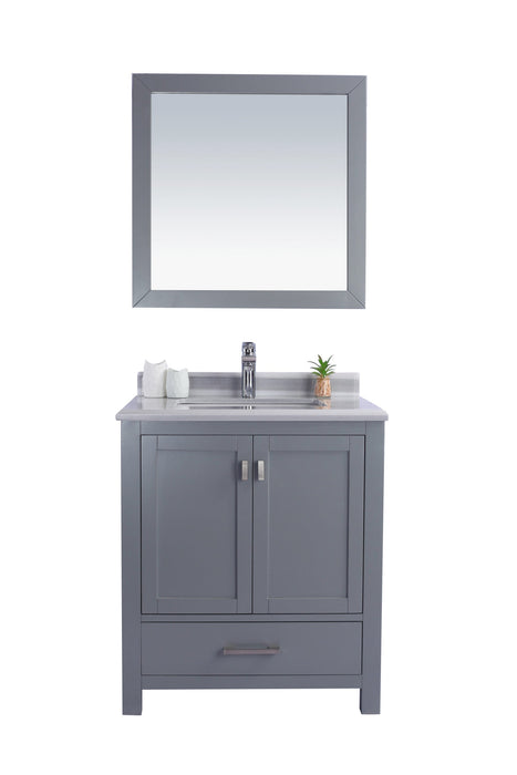 Gray bathroom vanity with mirror.