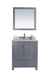 Gray bathroom vanity with mirror.