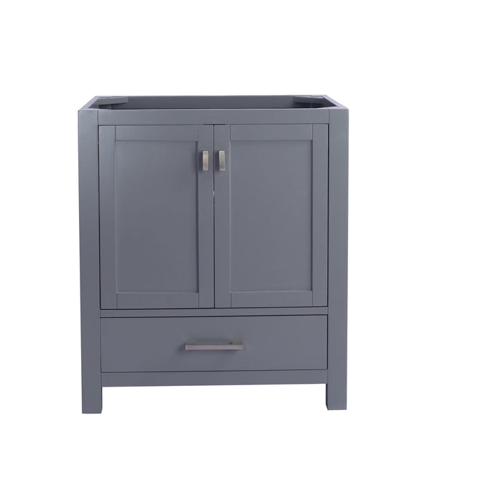 Gray bathroom vanity with brushed metal hardware.