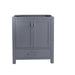Gray bathroom vanity with brushed metal hardware.