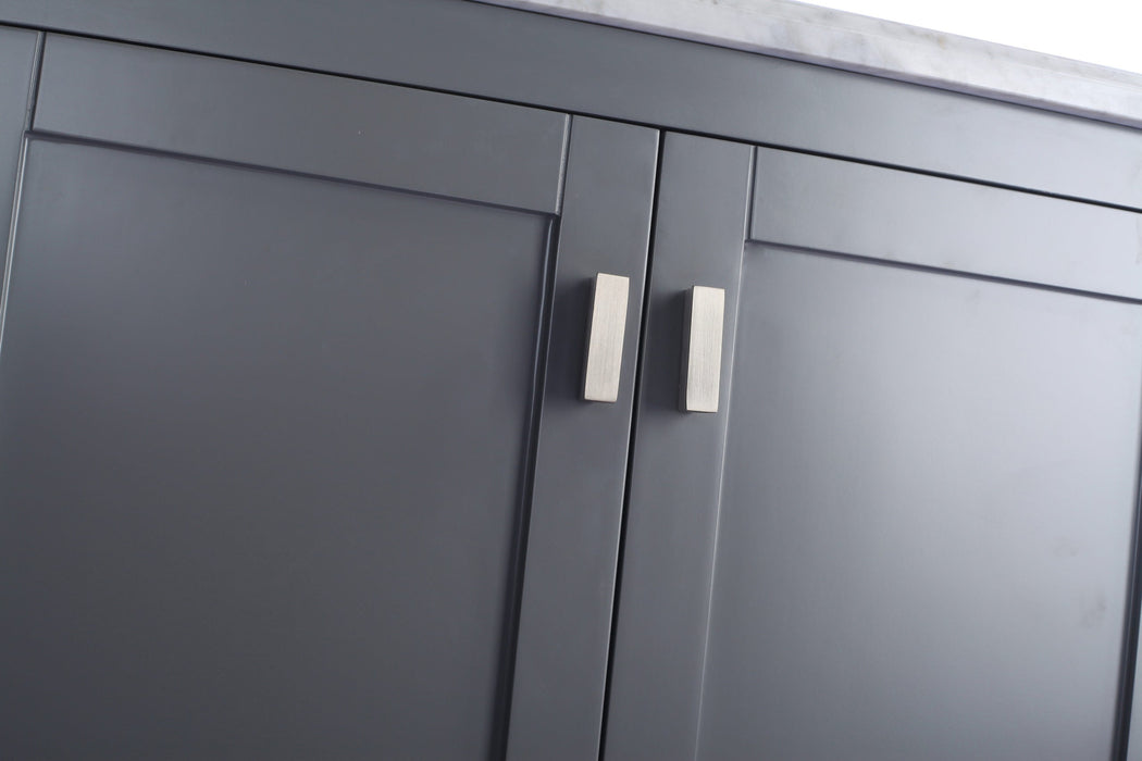 Gray cabinet doors with silver rectangular handles.
