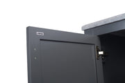 Close-up of a gray vanity cabinet with a partially open door, showcasing a cabinet hinge and the manufacturer's logo "LAVIVA".