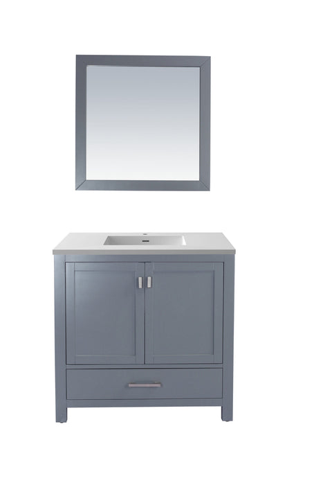 Bathroom vanity with gray cabinet, white countertop, and gray mirror.