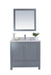 Bathroom vanity with gray cabinet and square mirror.
