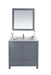Bathroom vanity with grey cabinet, white countertop, chrome faucet, and square mirror.

