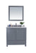 Gray vanity with mirror, countertop, sink, faucet, and potted plant.
