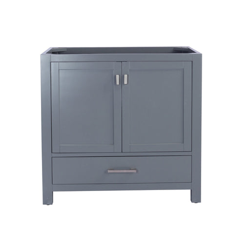 Gray wood vanity cabinet with two doors and a drawer.