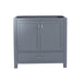 Gray wood vanity cabinet with two doors and a drawer.