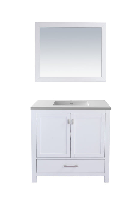 White bathroom vanity with gray countertop and matching mirror.