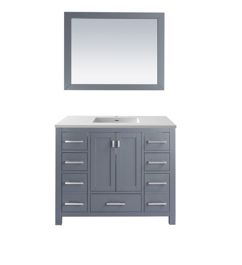 Gray bathroom vanity with white countertop and mirror.