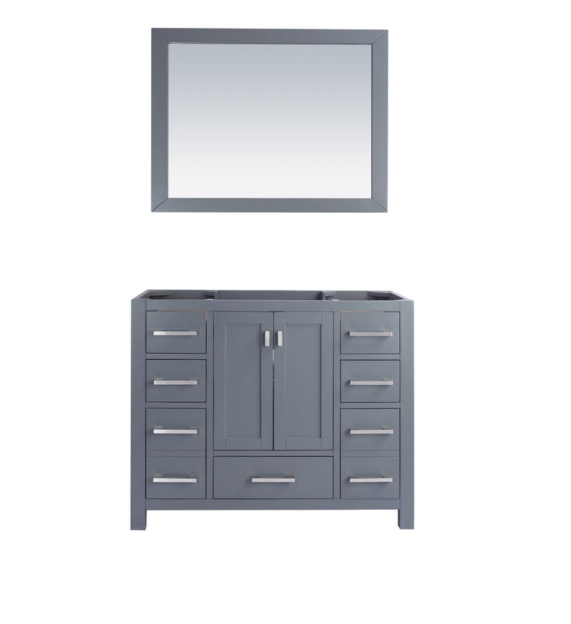 Gray bathroom vanity and mirror.