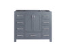 Gray bathroom vanity cabinet with multiple drawers and silver hardware.