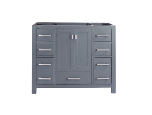 Gray bathroom vanity cabinet with multiple drawers and silver hardware.