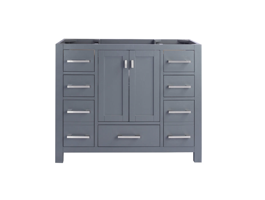 Gray bathroom vanity cabinet with multiple drawers and silver hardware.