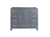 Gray bathroom vanity cabinet with drawers and doors.