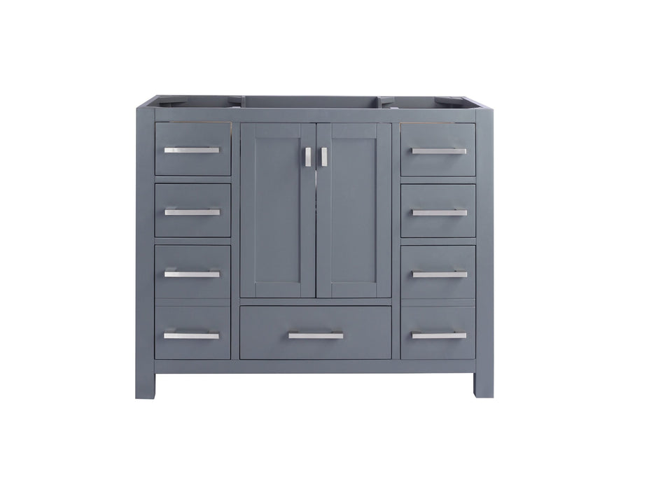 Gray bathroom vanity cabinet with drawers and doors.