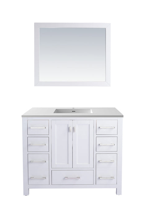 White bathroom vanity with a gray countertop and a matching mirror.