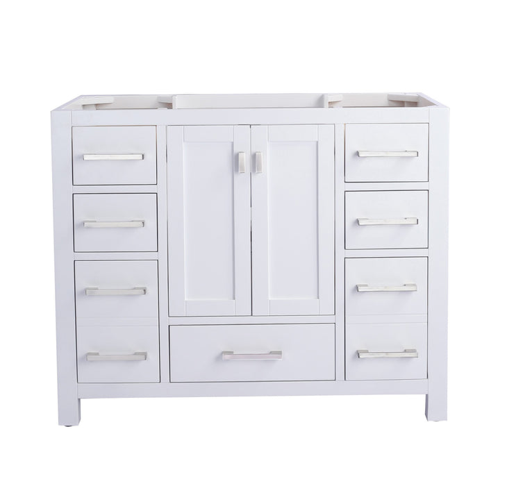 White cabinet with silver hardware, drawers and doors.