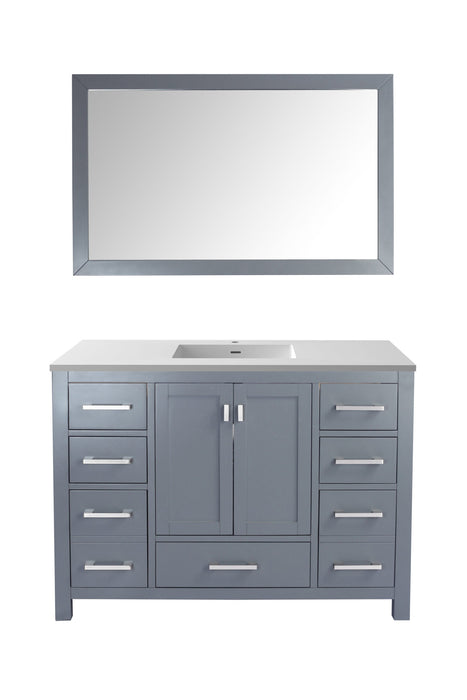 Gray bathroom vanity cabinet with matching mirror.