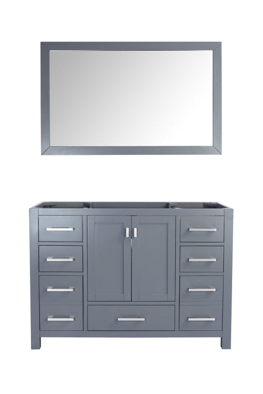 Gray bathroom vanity and mirror set.