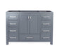 Gray bathroom vanity with drawers and cabinet.
