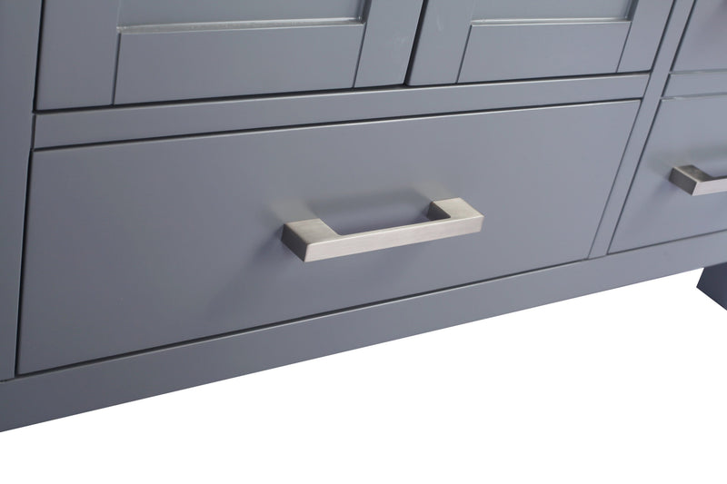 Gray vanity with brushed nickel hardware.