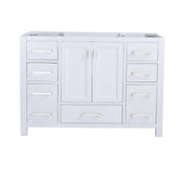 White bathroom vanity with drawers and cabinet doors.