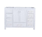 White bathroom vanity with drawers and cabinet doors.