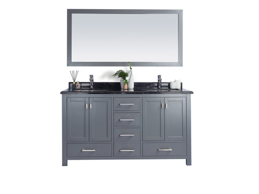 Gray double-sink vanity with mirror.
