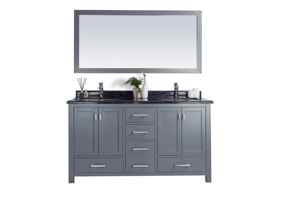 Gray double-sink vanity with mirror.