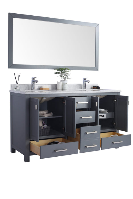Gray double vanity with marble top, mirror, open doors and drawers.