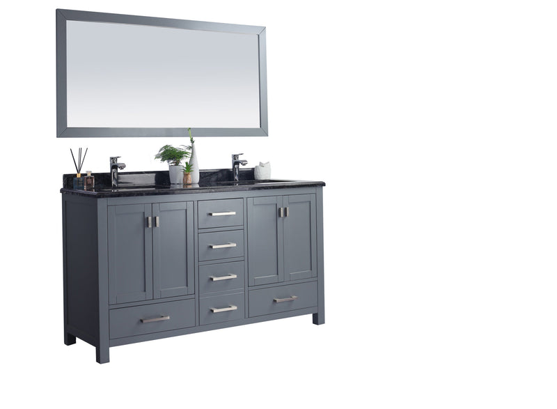 Gray vanity with marble countertop and mirror.