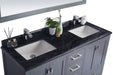 Gray double vanity with marble countertop and two white sinks.