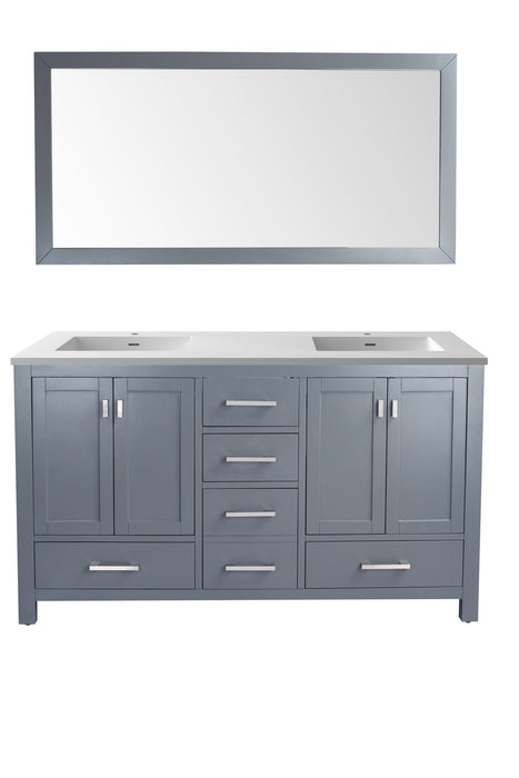 Gray double sink vanity with mirror.
