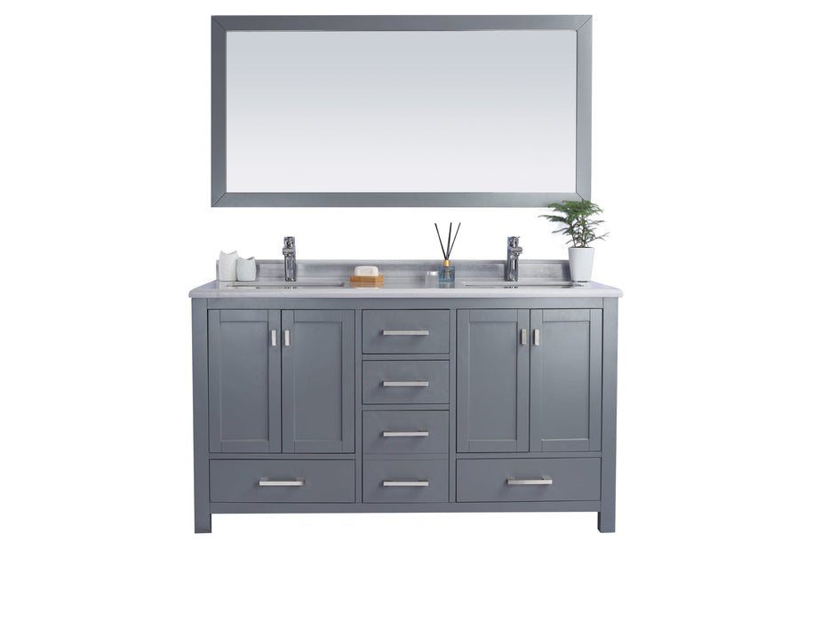 Gray double-sink bathroom vanity with gray-framed mirror and white countertop.

