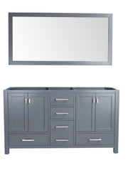 Gray bathroom vanity and mirror.