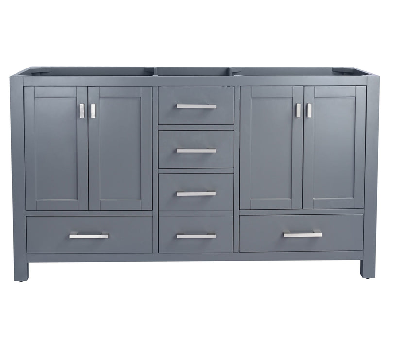 Gray bathroom vanity with drawers and cabinets.