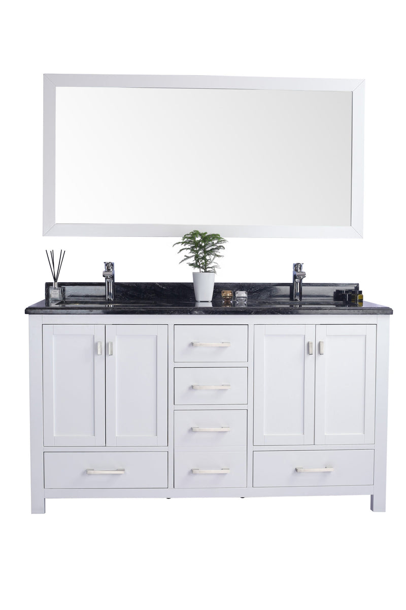 White double vanity with black countertop and rectangular mirror.