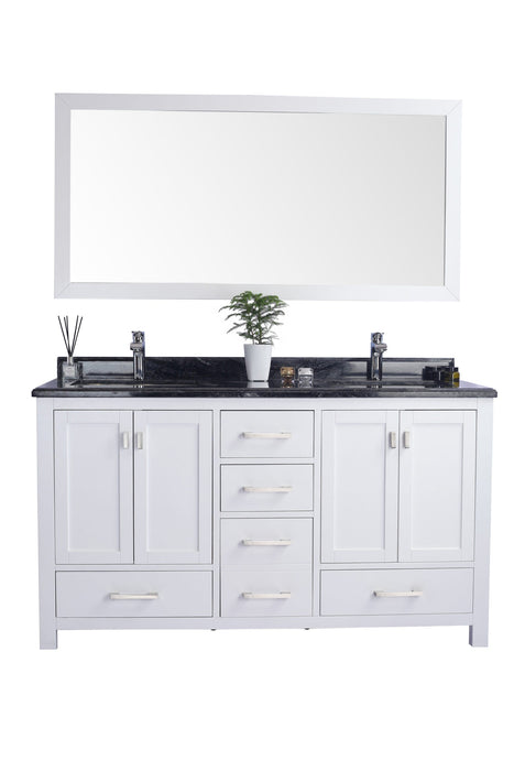 White double vanity with black countertop and rectangular mirror.