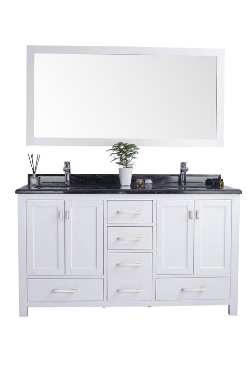White double vanity with black countertop and rectangular mirror.