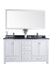 White double vanity with black countertop and rectangular mirror.