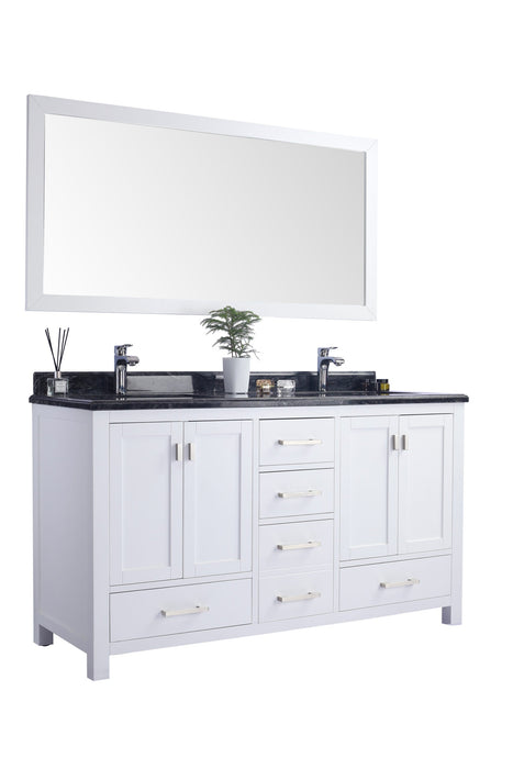 White double vanity with black marble top.