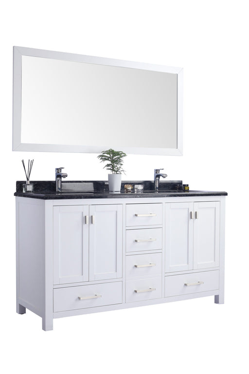 White double vanity with black marble top.
