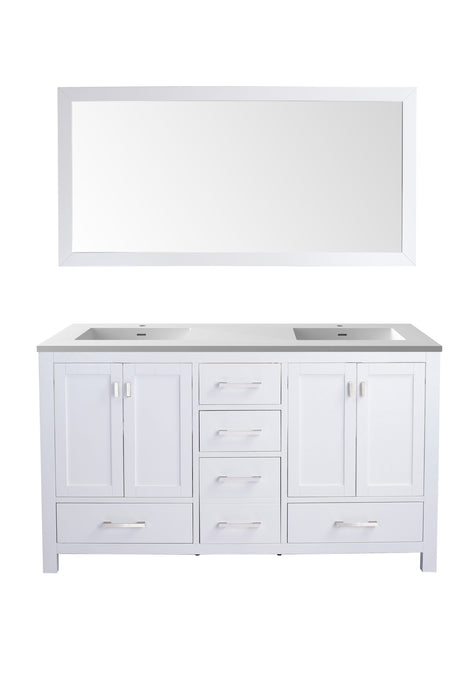 White bathroom vanity with gray countertop and matching mirror.
